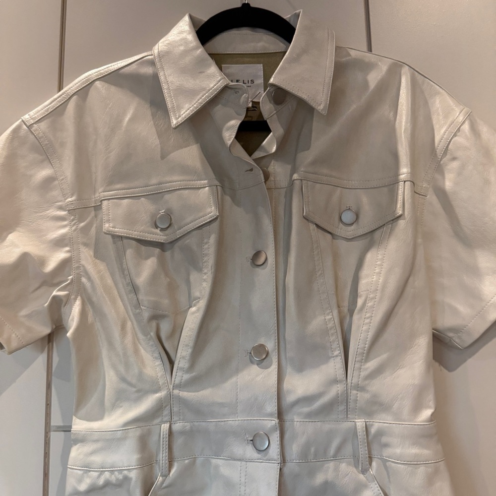 Revolve ~ Cream Short-Sleeve Leather Romper - Picture 3 of 6